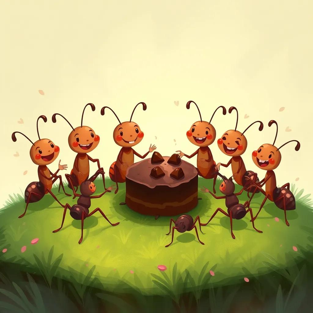 Image of A group of happy ants celebrating their small chocolate cake pieces with laughter and joy, sitting in a circle on a green patch of grass, digital painting, joyful, colorful, heartwarming