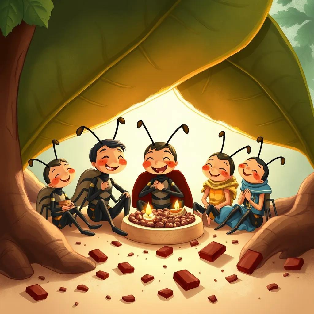 Image of Anty and his friends relaxing after their feast under a big leaf, with chocolate crumbs around them and smiles on their faces, soft light, warm colors, cozy and cheerful atmosphere, high quality