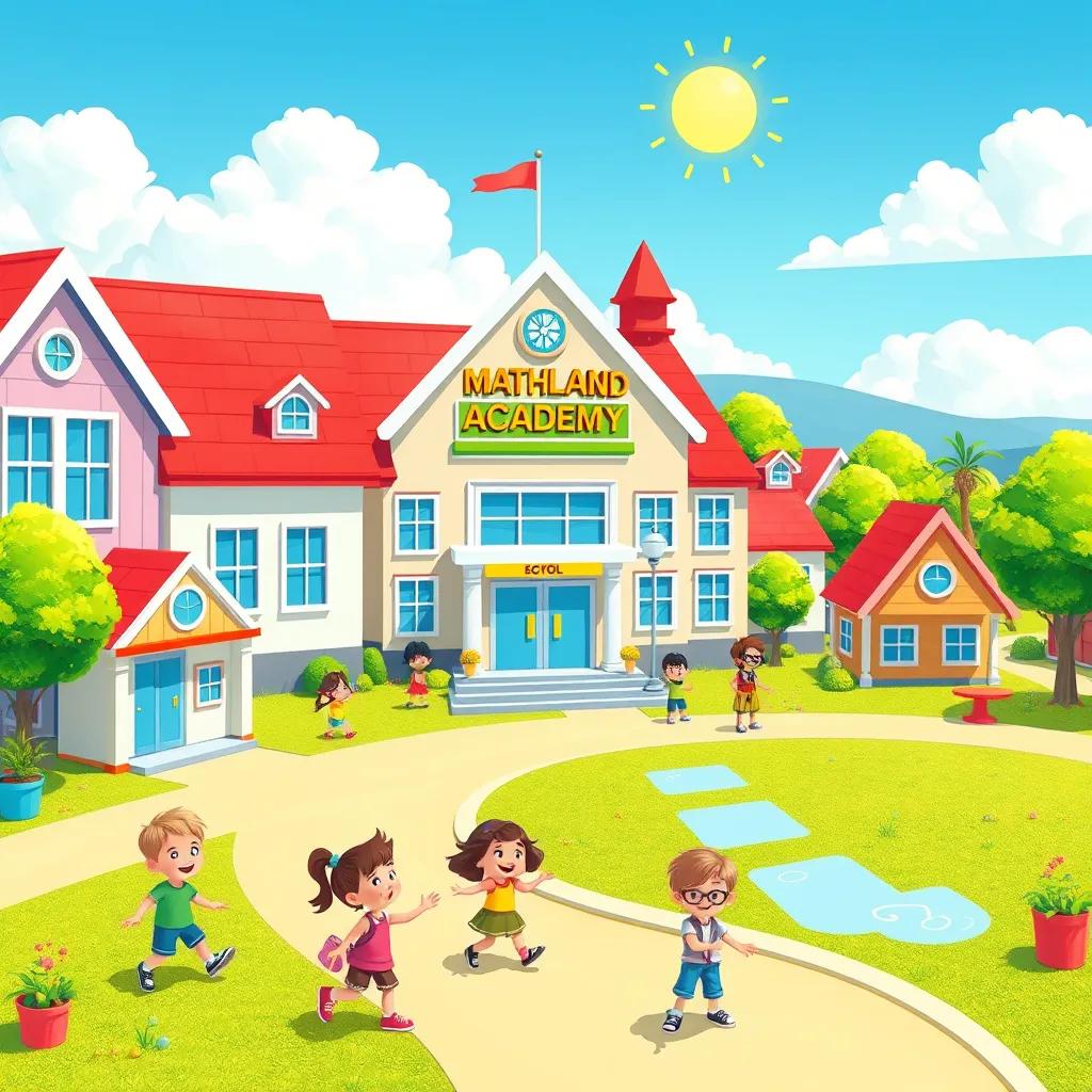 Image of A lively town with bright colors, a cheerful school named Mathland Academy, children playing and learning about numbers, sunny day, child-friendly, vibrant