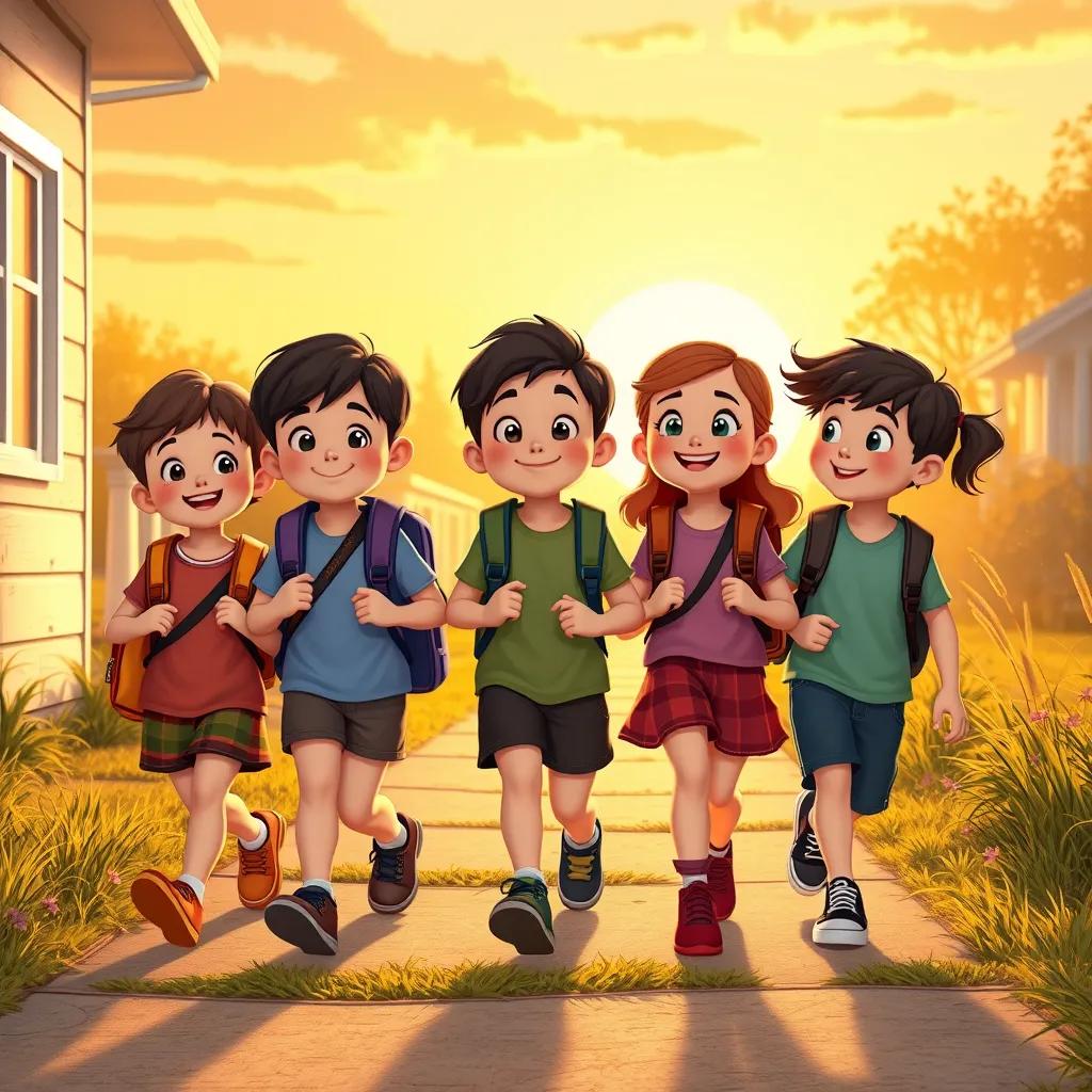 Image of Children happily walking home together after school, sharing their experiences and ideas about estimating numbers, golden sunset in the background, friendly and warm, joyful learning atmosphere