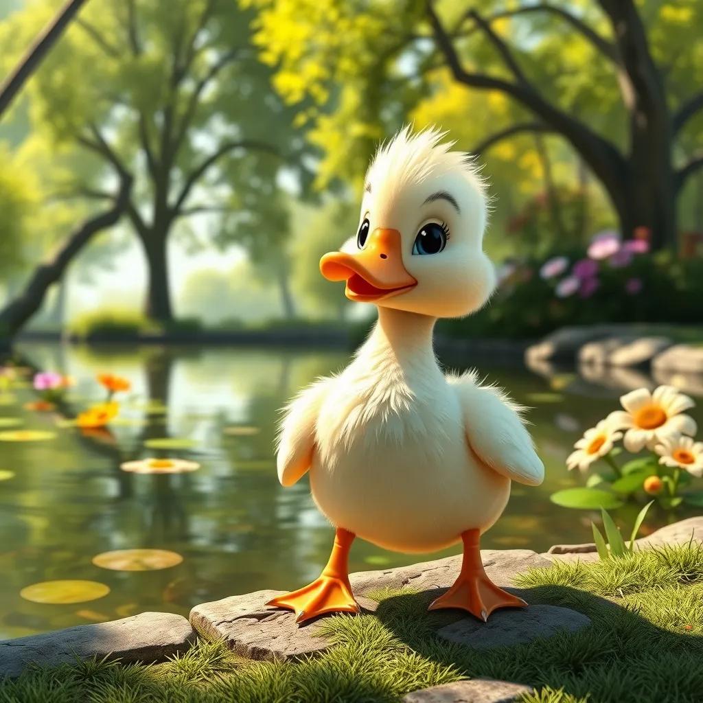 Image of A little duck, Daisy, with shiny feathers, standing at the edge of a beautiful pond with green trees and colorful flowers, sunny day, cheerful atmosphere, digital art, high quality