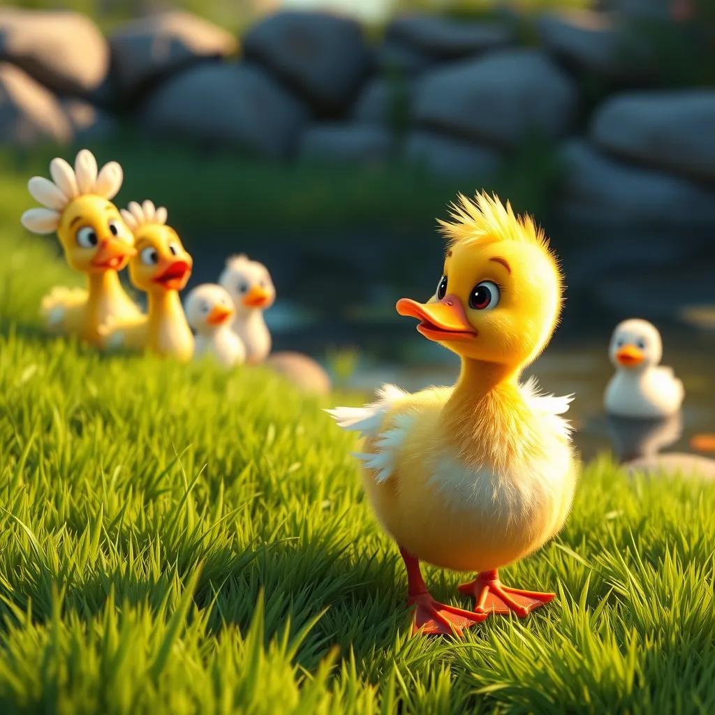 Image of A little duck, Daisy, with shiny feathers, returning to her pond, her friends looking amazed and surprised, green grass, warm sunlight, colorful art, heartwarming