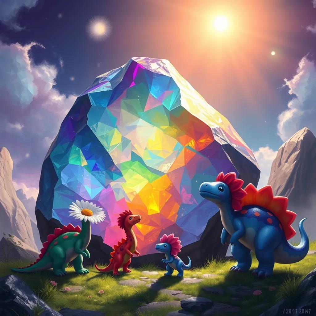 Image of A big, shiny rainbow-colored rock sparkling under the sunlight, with Daisy and her colorful dinosaur friends admiring it, digital art, vibrant scene