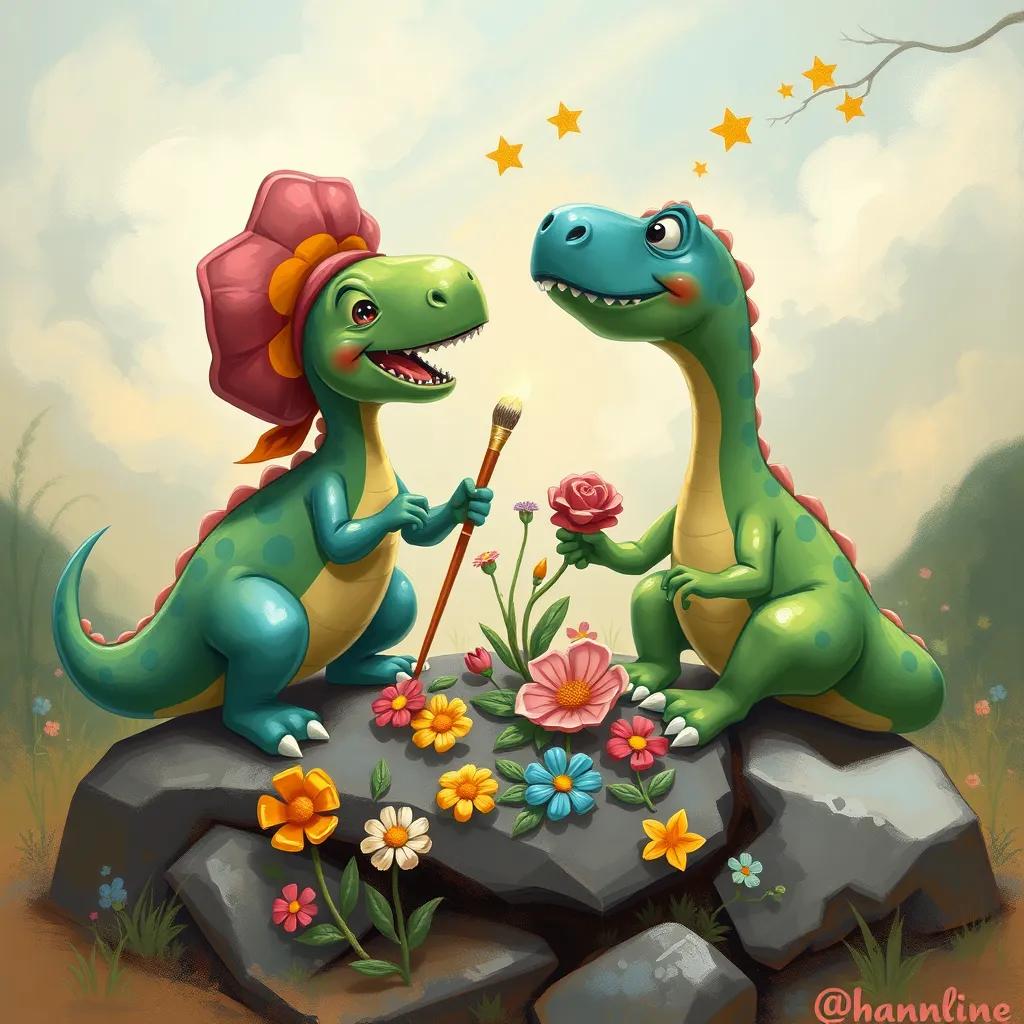 Image of Lucy the green dinosaur painting flowers on the rock, while Max the blue dinosaur adds stars, both laughing and having fun, digital art, cheerful atmosphere