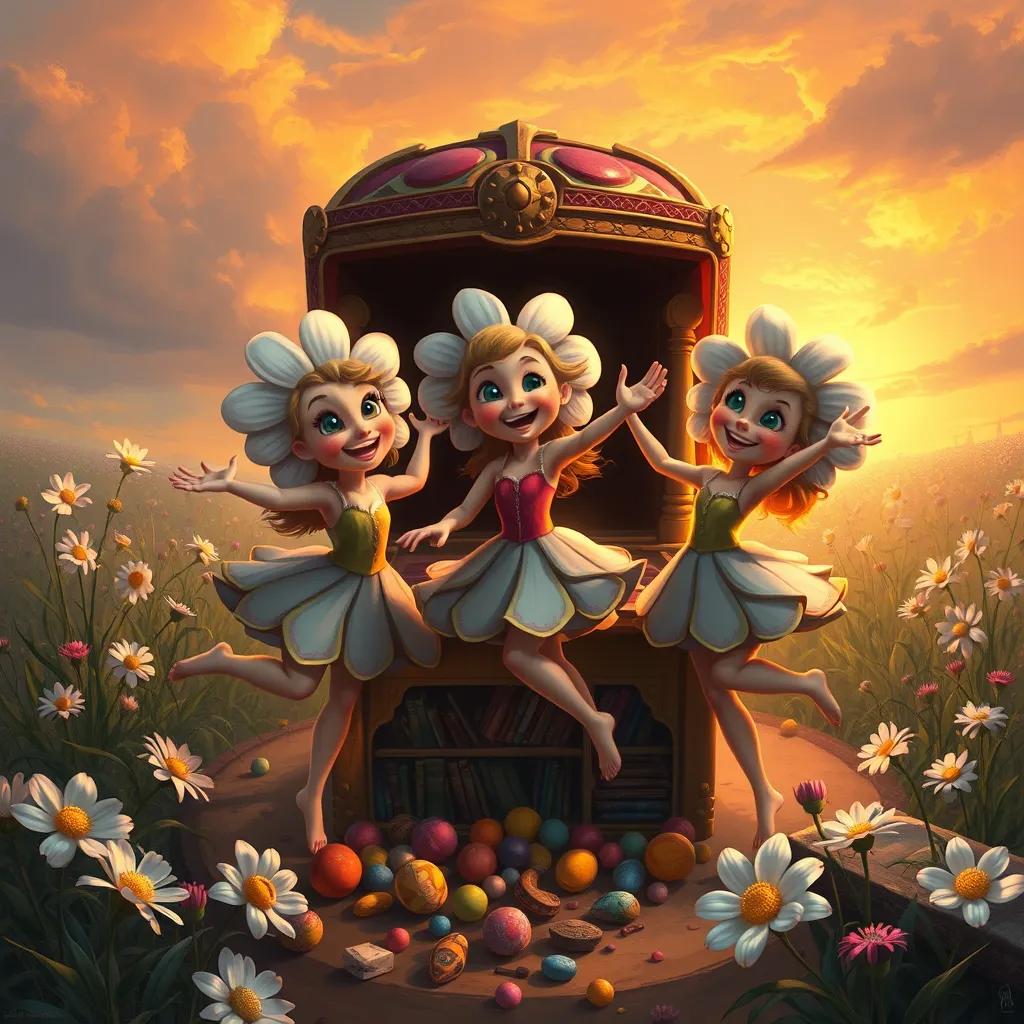 Image of Daisy and her friends dancing joyfully around their colorful treasure, with smiles on their faces, as the sun sets behind them, digital art, warm colors