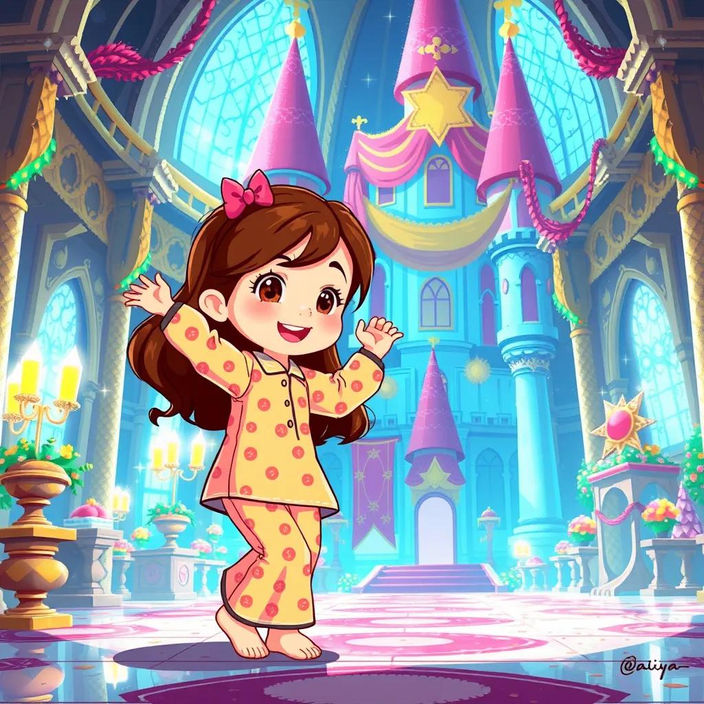 Image of A little girl, Dalivia, with long brown hair wearing bright pajamas, playing joyfully in a grand castle filled with colorful decorations, sparkling sunlight, cheerful atmosphere, digital art, child-friendly, vibrant colors