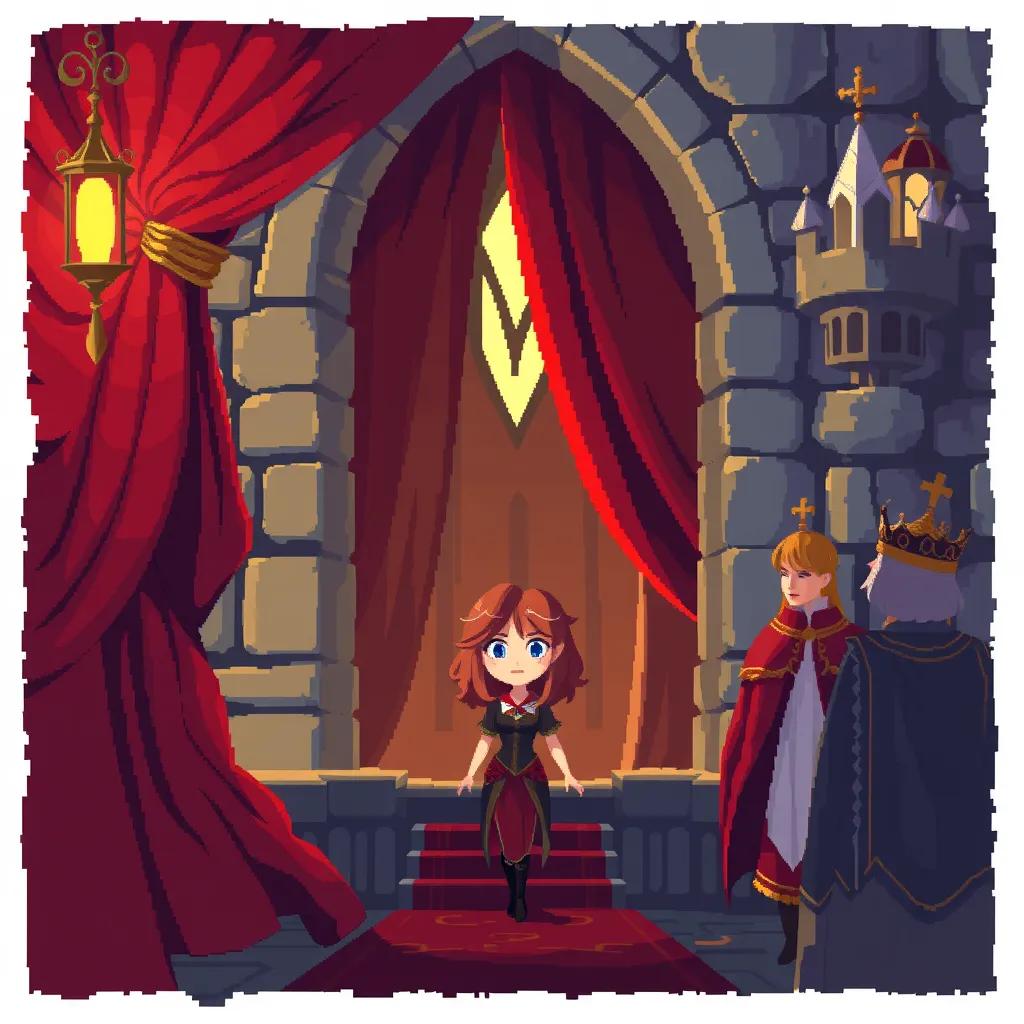 Image of Dalivia hiding behind a big red curtain in a castle, with her nervous expression as kings and queens approach, warm light, rich colors, fantasy scene, charming illustration