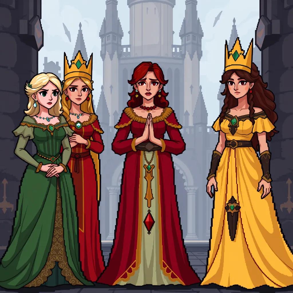 Image of Three queens standing with stern expressions: Gewria in a green gown, Yerndarn in a red dress, and Byrna in a yellow gown, looking shocked at Dalivia, castle background, detailed digital art, serious atmosphere