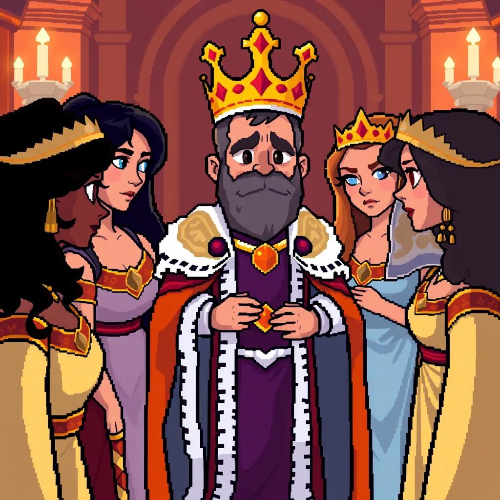 Image of Mr. Beatster, a king with a kind face, wearing a royal outfit, stepping towards Dalivia with a concerned look, surrounded by the queens, warm lighting, tender moment, expressive faces