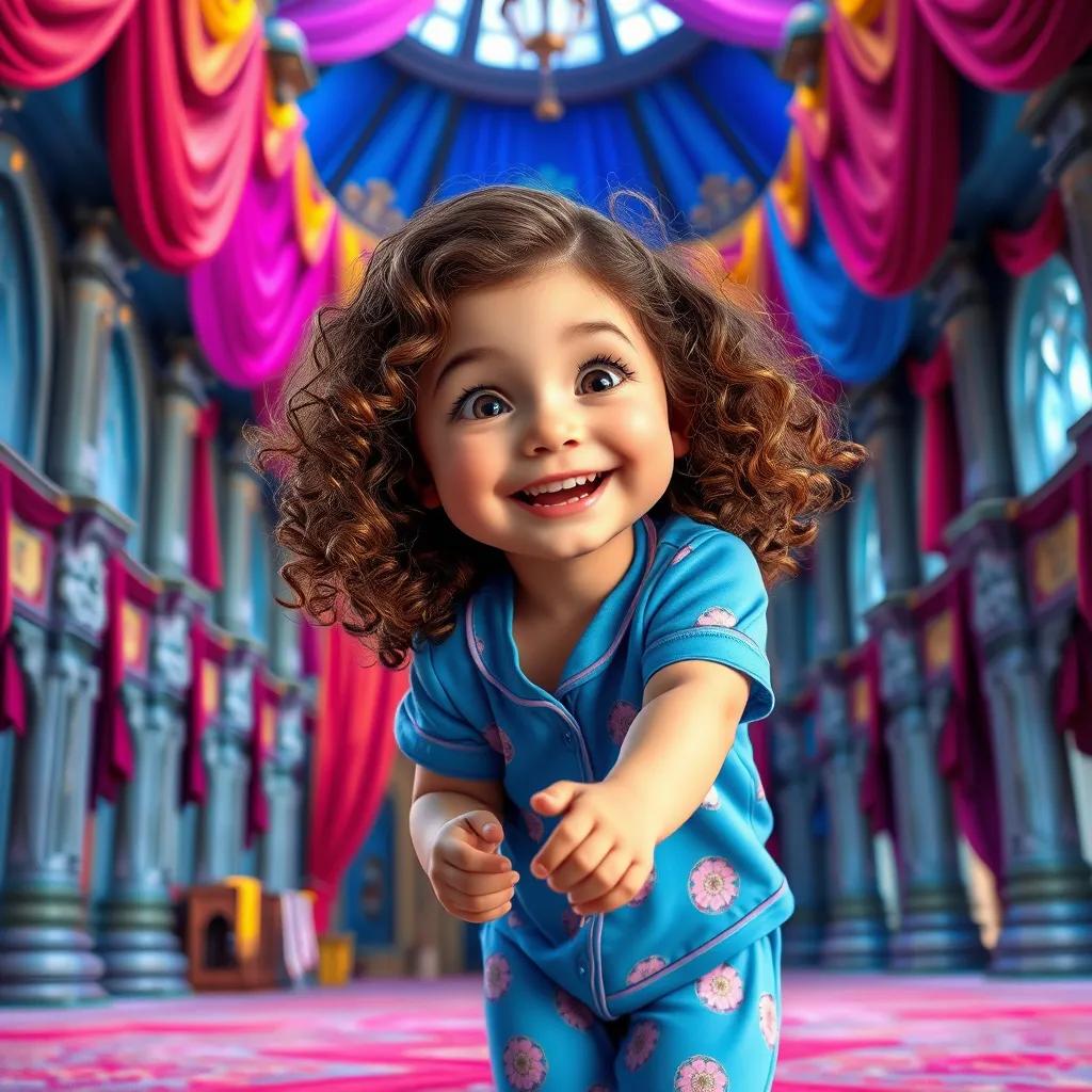 Image of A little girl, Dalivia, with curly brown hair, wearing a bright blue pajama set, playing joyfully in a grand castle filled with colorful fabrics, digital art, cheerful atmosphere, bright colors, playful perspective, high quality