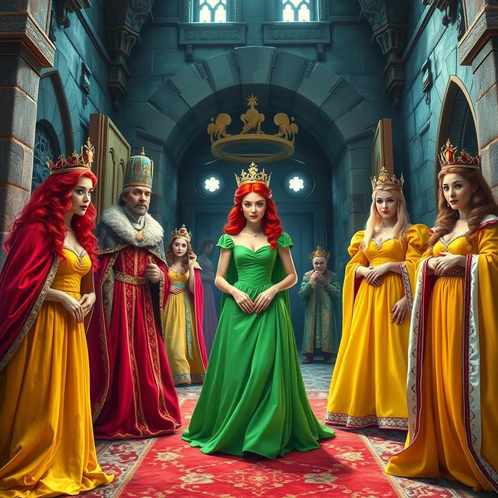 Image of Queens and kings entering the castle, looking shocked at the mess of pajamas, a green queen in a flowing green gown, a red queen with bright red hair, and a yellow queen in a sunny yellow dress, detailed digital art, dramatic lighting, colorful setting, high quality