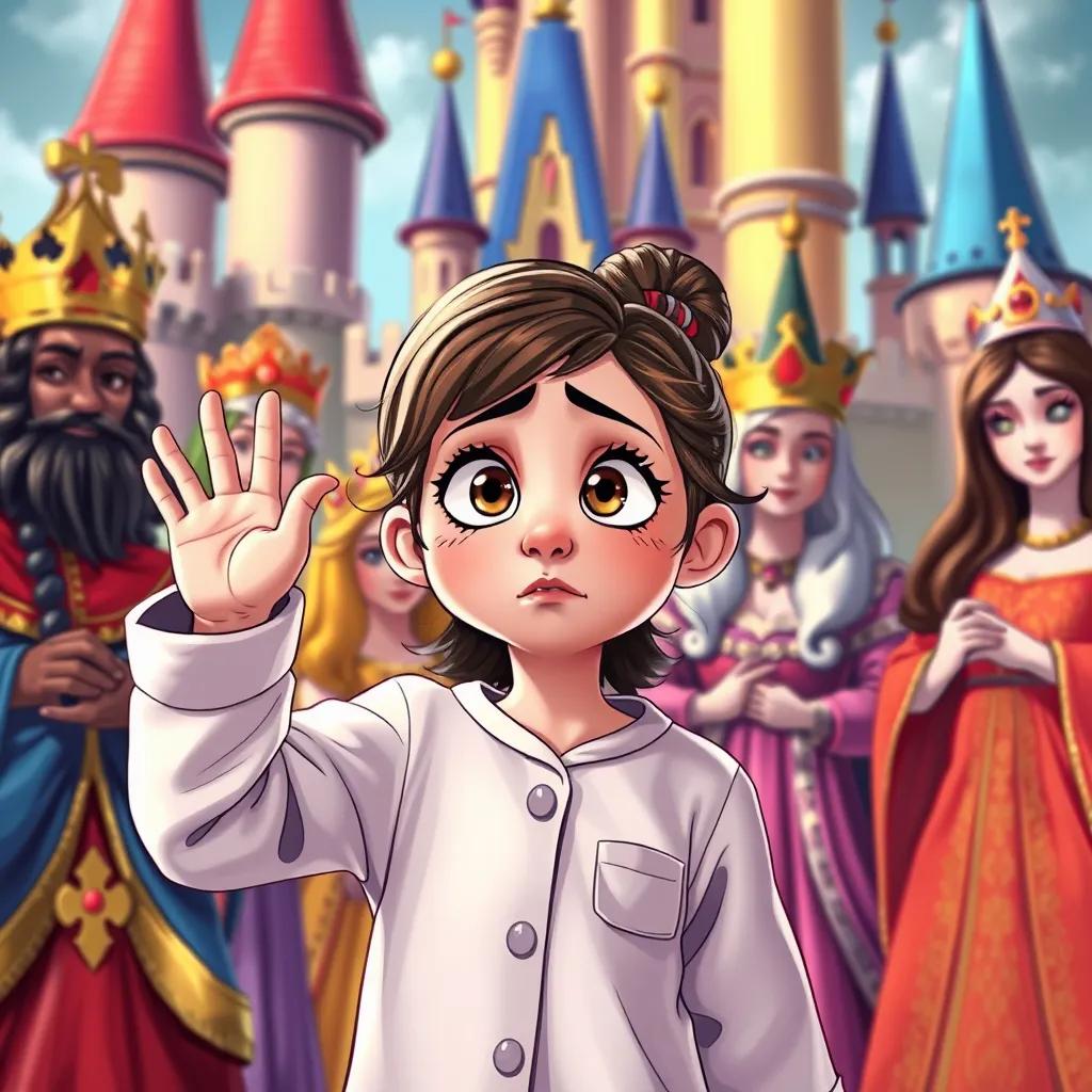 Image of Dalivia nervously waving in front of the kings and queens, with her pajamas around her, a worried expression on her face, colorful castle backdrop, digital drawing, vibrant atmosphere, inviting colors, high quality