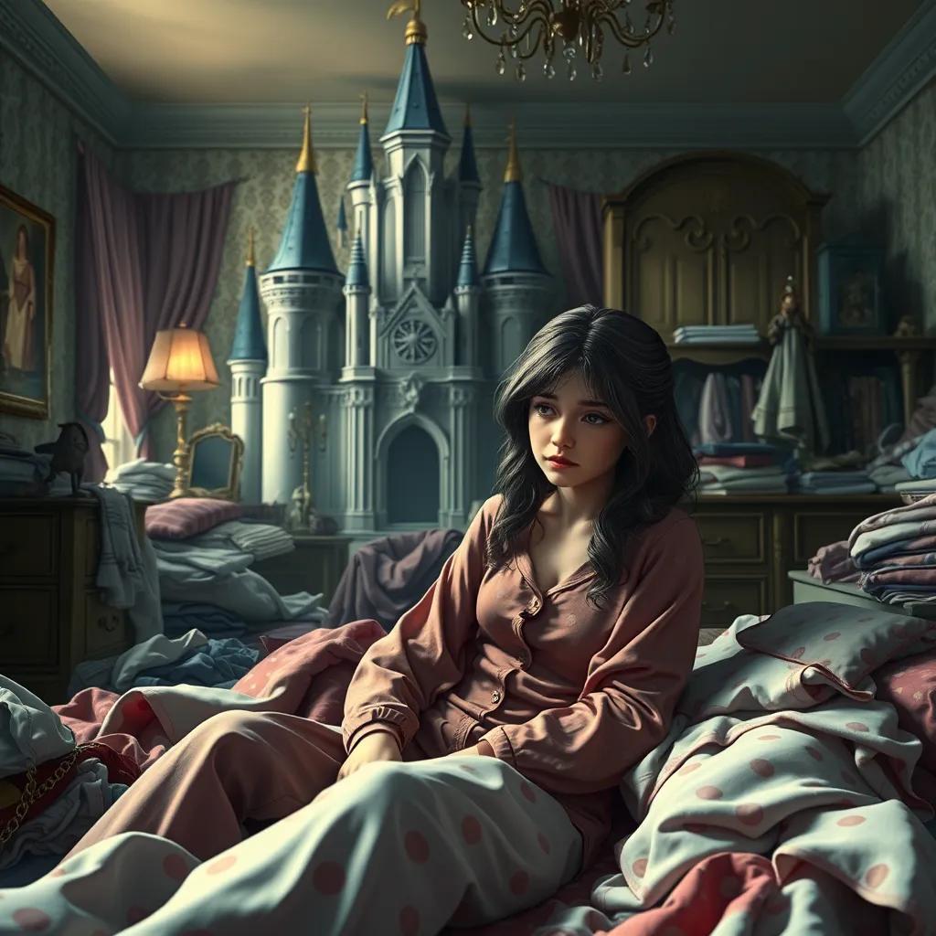 Image of Dalivia sobbing in the messy room, looking sad and alone surrounded by the pajamas, with the grand castle in the background, soft lighting, emotional atmosphere, detailed digital art, high quality