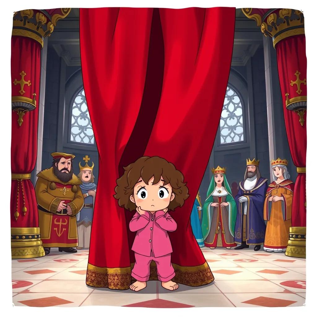 Image of Dalivia, a little girl with curly brown hair in bright pink pajamas, hiding nervously behind a large, red curtain in a regal castle hall, with shocked Kings and Queens entering, illustration, tense atmosphere, colorful details, child-friendly design