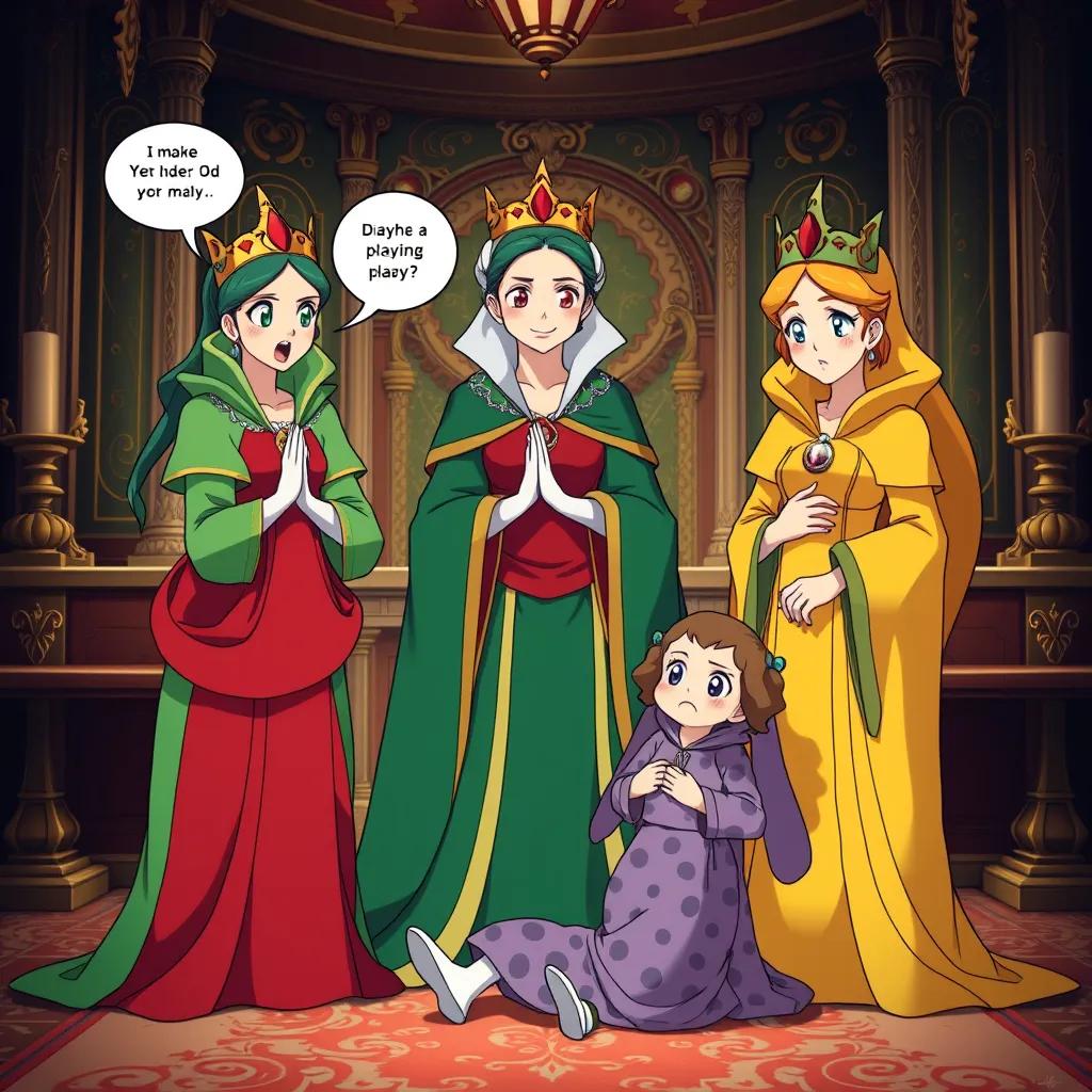 Image of Three Queens standing in regal attire: Gewria in green, Yerndarn in red, and Byrna in yellow, expressing surprise at Dalivia playing with pajamas in a castle, ornate background, whimsical style, rich colors, detailed expressions, high quality