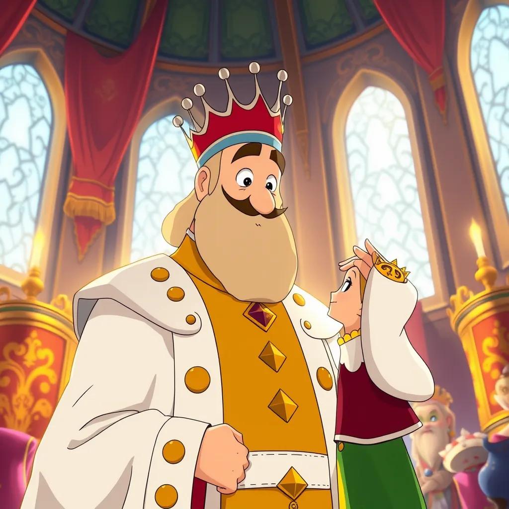 Image of King Mr. Beatster, a tall man with a friendly face, wearing a royal outfit, addressing Dalivia in a firm yet kind manner inside the castle, warm lighting, colorful royal decor, charming perspective, whimsical art style, high quality