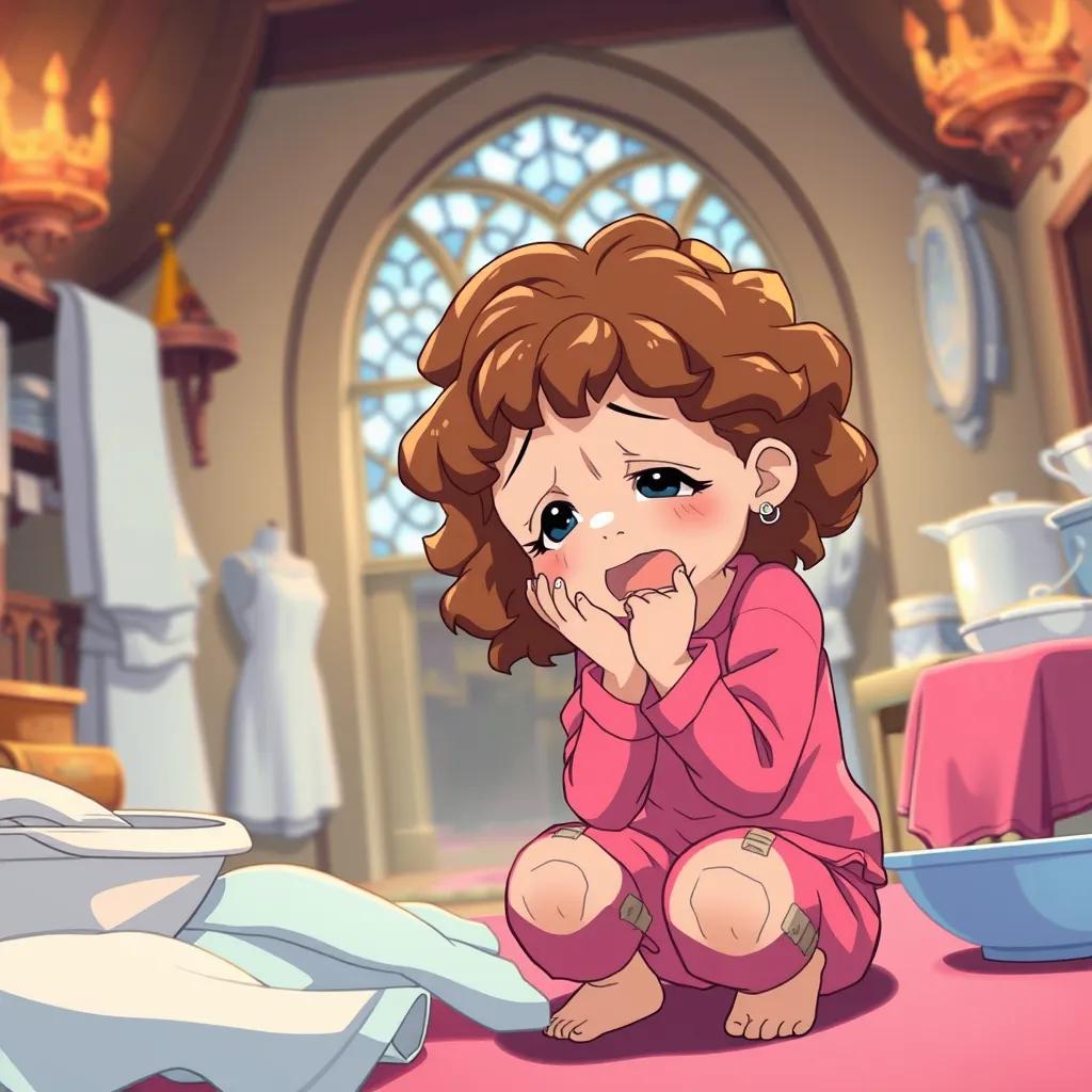 Image of Dalivia, a little girl with curly brown hair in bright pink pajamas, crying with band-aids on her knees, surrounded by clean laundry and dishes in the castle, emotional scene, colorful, child-friendly, warm lighting, soft focus, comforting view, high quality