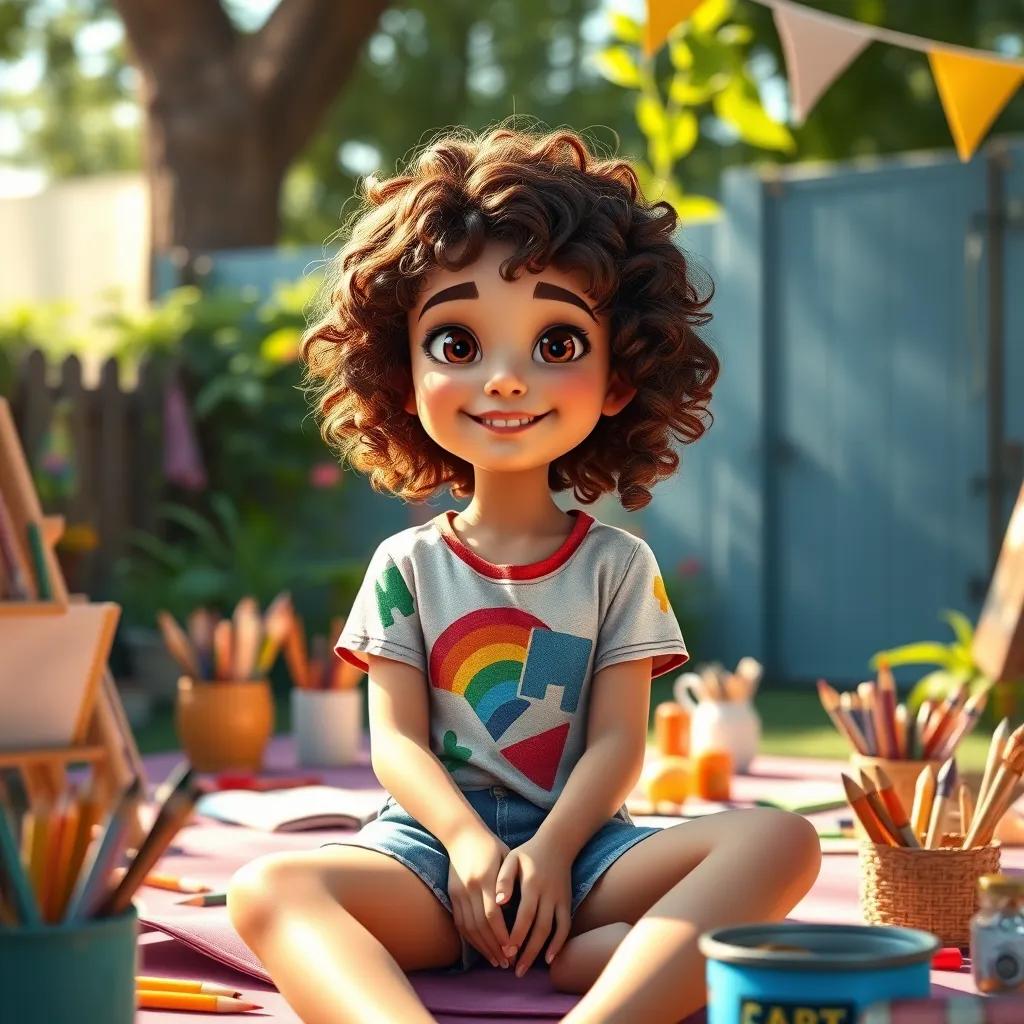 Image of A young girl, Dana, with curly brown hair, wearing a colorful t-shirt and denim shorts, sitting in her backyard surrounded by art supplies and her friends, cheerful atmosphere, bright sunlight, digital art, warm colors, inviting scene, high quality