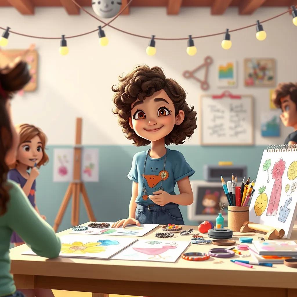 Image of Dana, a young girl with curly brown hair, showing her art creations, standing beside a table covered with colorful drawings and jewelry-making supplies, her friends nearby, happy expressions, bright and vibrant scene, realistic illustration, charming