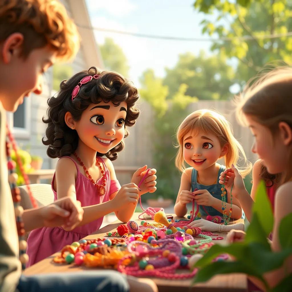 Image of Dana, a young girl with curly brown hair, guiding her friends on making jewelry, surrounded by colorful beads and strings, all smiling and creating something beautiful, sunny backyard, warm light, joyful spirit, high detail