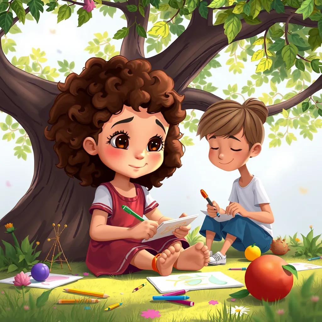 Image of Dana, a young girl with curly brown hair, sitting with her friends under a tree, drawing together, surrounded by their colorful creations, peaceful and friendly atmosphere, soft colors, heartwarming vibe, high quality