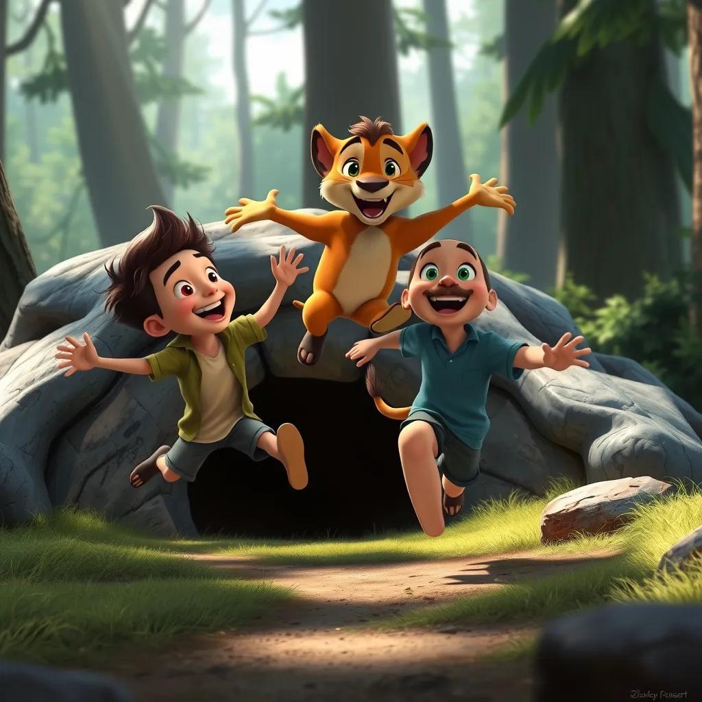 Image of Daniel and Leo are running around the den, laughing and playing. Leo jumps playfully, while Daniel chases him, both looking excited and full of joy, with the forest scenery around them.