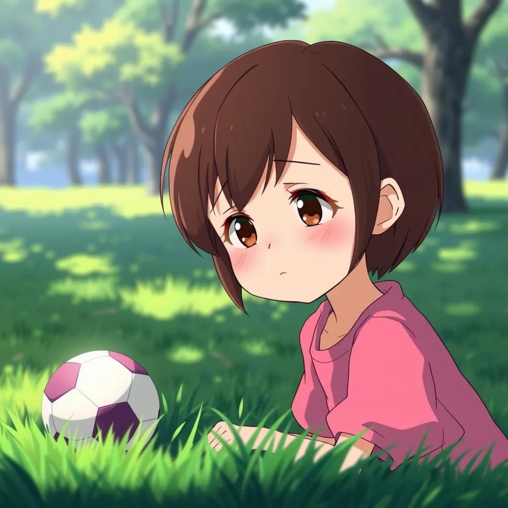 Image of A sad girl named Sarah with short brown hair, wearing a pink shirt, looking for a ball in a park, surrounded by green grass and trees, soft focus, bright colors, heartwarming