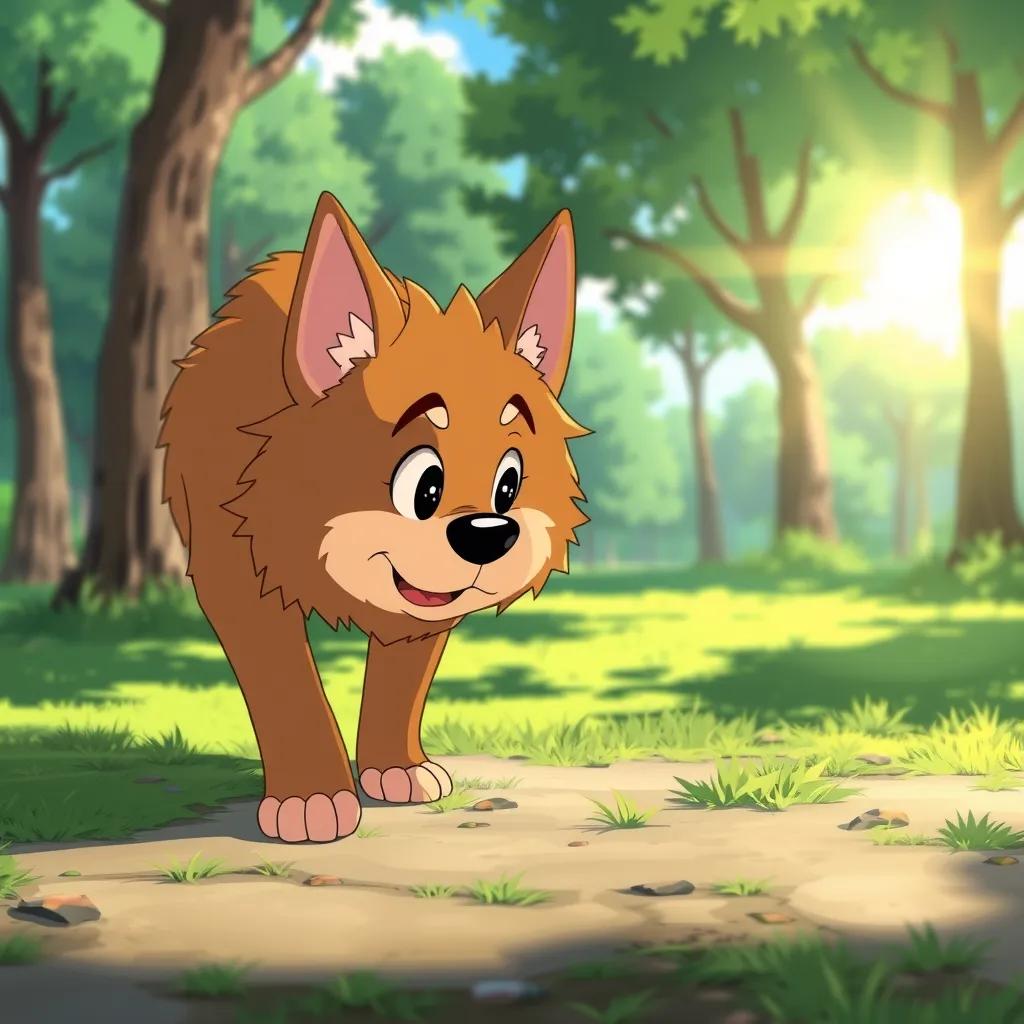 Image of Danny, the fluffy brown dog, sniffing the ground in a park, determined expression, trees in the background, sunlight shining, cheerful atmosphere, high detail