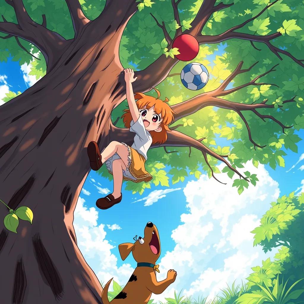 Image of Sarah carefully climbing a tree with one hand reaching for the ball stuck in branches, Danny excitedly barking below, vibrant colors, sunny sky, adventurous perspective, high resolution