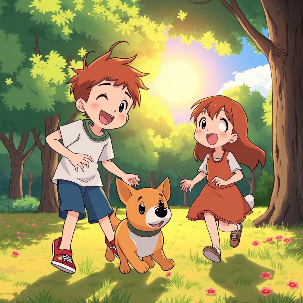 Image of Danny and Sarah playing fetch in a park, both smiling, the sun shining brightly, trees around them, joyful and heartwarming scene, bright colors, inviting feeling