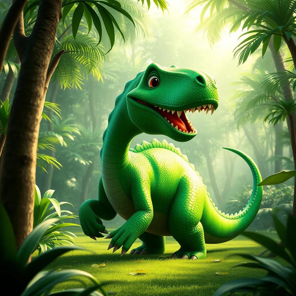 Image of A large green dinosaur named Danny with shiny emerald scales playing joyfully in a green jungle with sunlight filtering through treetops.