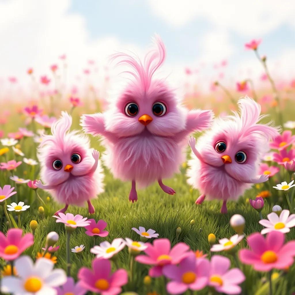 Image of A group of fluffy pink creatures with big eyes and feathers dancing in a beautiful colorful meadow with flowers blooming all around them.