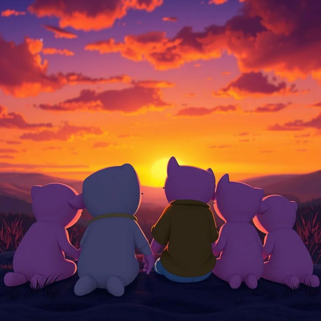 Image of A sunset scene with Danny and his pink friends sitting together, gazing at the colorful sky with hues of orange and purple, as they close their eyes to make a wish.