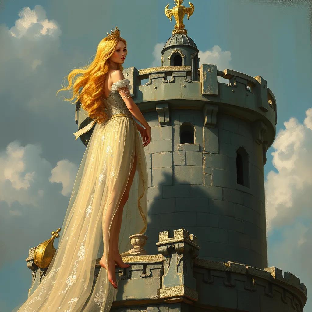 Image of A beautiful princess standing at the top of the tower. She has long golden hair and a sparkling dress. She looks excited to see the prince as he reaches her.