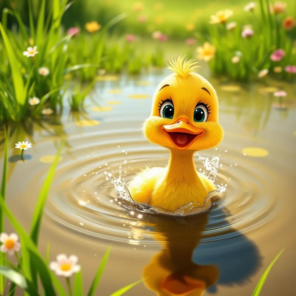 Image of A little duck, Dippy, with bright yellow feathers, happily splashing in a sunny pond surrounded by green grass and flowers, cheerful atmosphere, digital art, vibrant colors, high quality