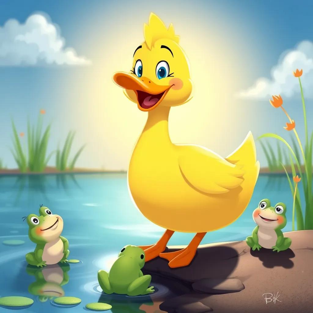 Image of Dippy, the duck, with sunlight shining on her as she quacks joyfully, frogs sitting by the pond's edge looking curious and hesitant, bright colors, illustration, playful mood, child-friendly