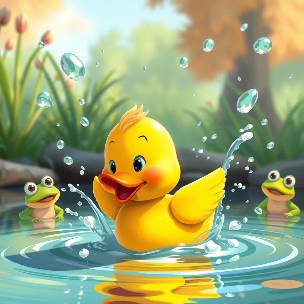 Image of Dippy, the little duck, splashing in the pond with big water droplets flying around, while the frogs cheer from the shore, fun atmosphere, digital painting, colorful, happy