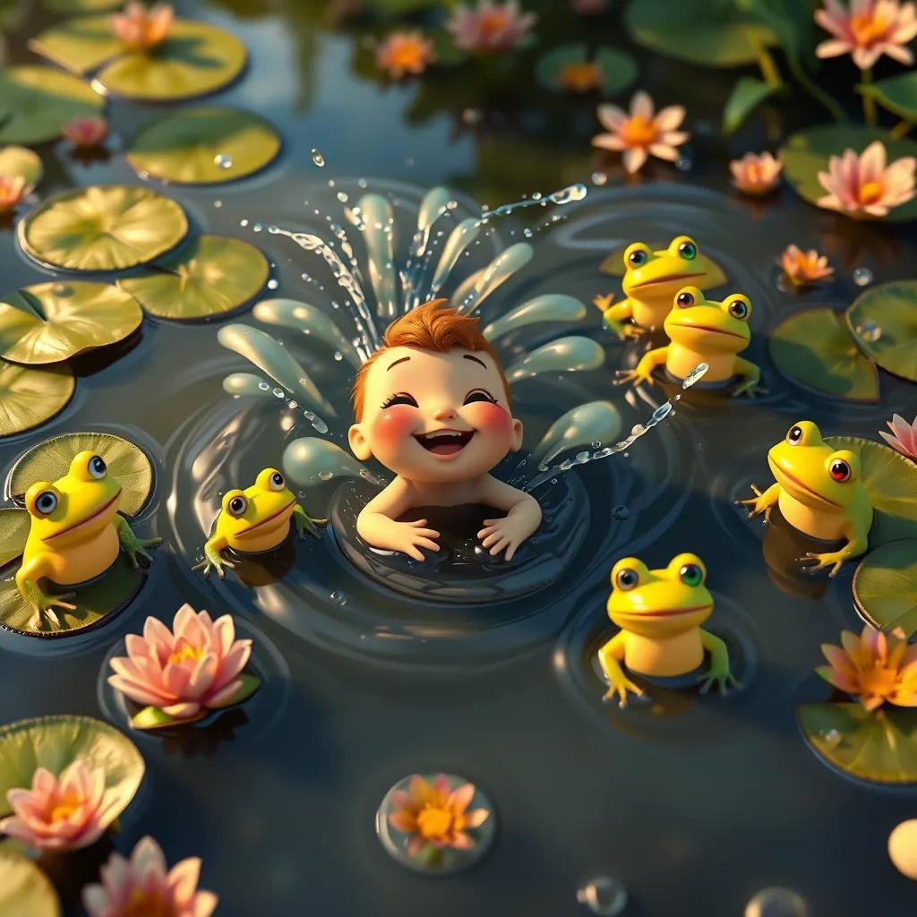 Image of Dippy swimming happily in the pond with all her new frog friends, splashing water everywhere, surrounded by lily pads and flowers, joyful scene, digital art, warm colors, high quality