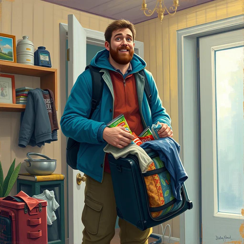 Image of A tall man with a big heart, Drake, standing in his home packing a bag with clothes and snacks, looking excited and a bit nervous, digital art, colorful and cheerful