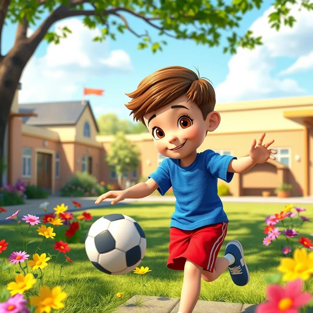 Image of Eddie, a young boy with short brown hair, wearing a blue t-shirt and red shorts, kicking a footy in a sunny schoolyard, colorful flowers around, cheerful atmosphere, vibrant colors, playful mood, digital art