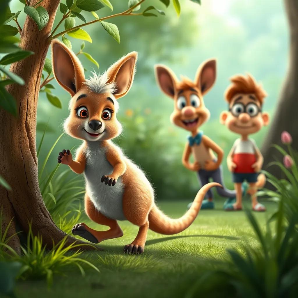 Image of A fluffy little kangaroo, hopping curiously, with Eddie and Bart watching in amazement behind a bush, green scenery, playful environment, whimsical style, soft lighting, vibrant colors, animated style