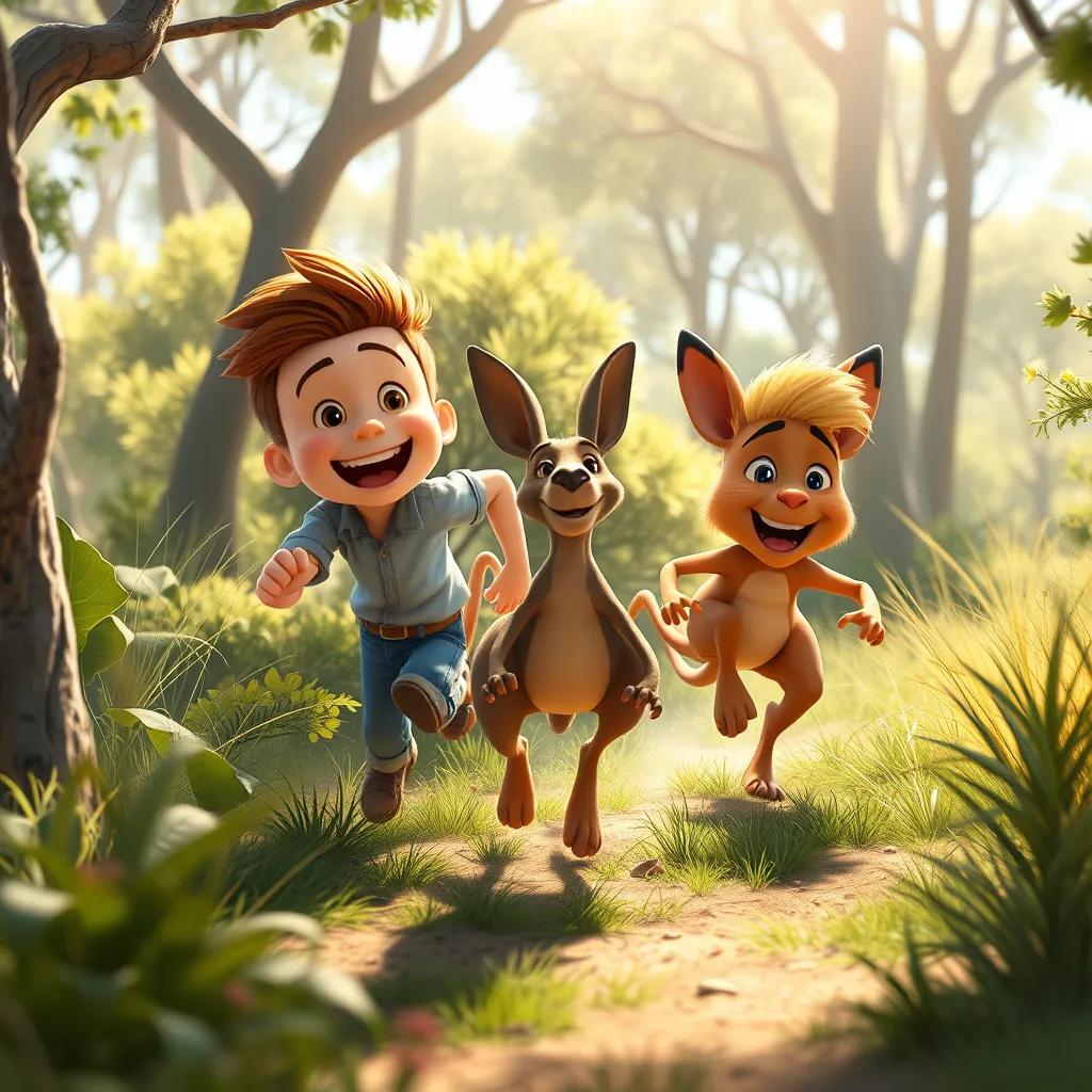 Image of Eddie and Bart chasing after the kangaroo in the bush, laughing and running in the sunlight, surrounded by trees and plants, fun and lively atmosphere, movement, colorful digital art