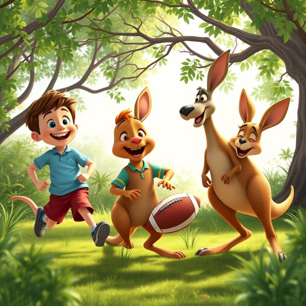 Image of Eddie, Bart, and the kangaroo playing footy together, the bush around them filled with greenery, joyful expressions, bright day, heartwarming scene, high-quality illustration