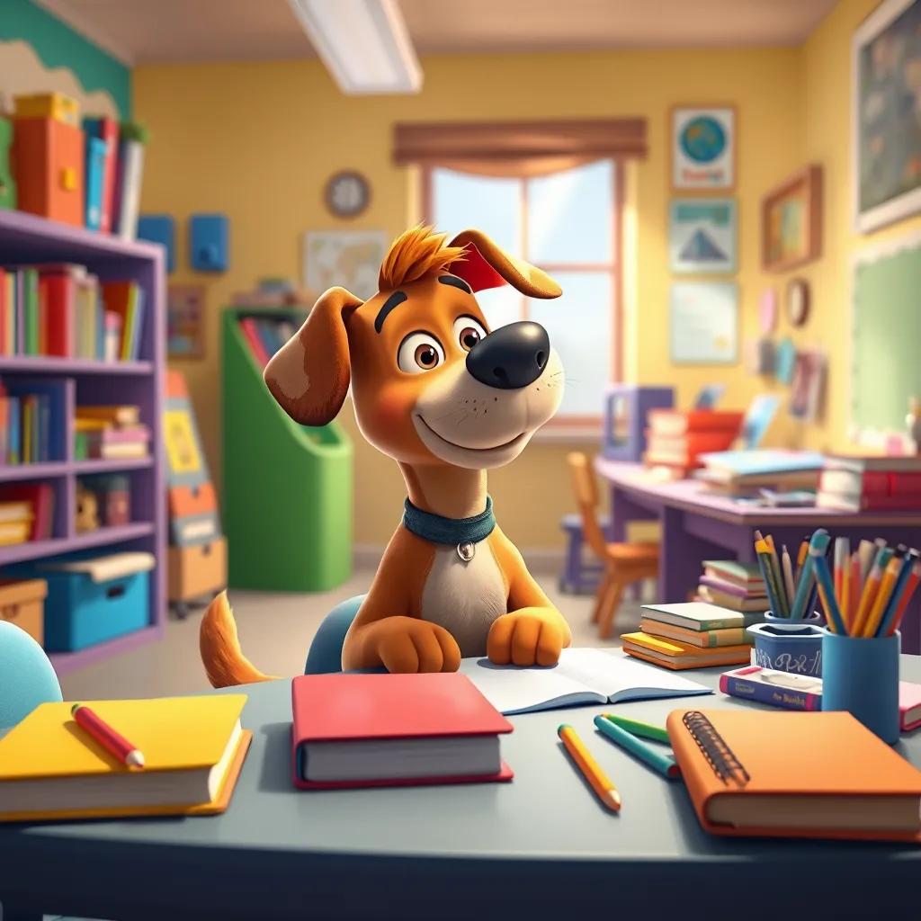 Image of A brown dog named Max, sitting beside a boy at a study table filled with books and school supplies, bright and colorful room, digital art, cheerful atmosphere, high perspective, vibrant colors, child-friendly