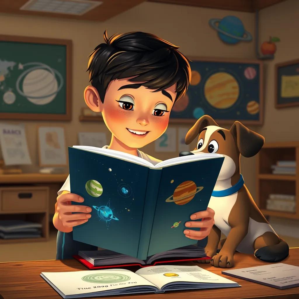 Image of A boy named Pablo reading a book about space, with Max the dog looking at him attentively, illustrated classroom, filled with drawings of planets, warm lighting, educational theme, detailed