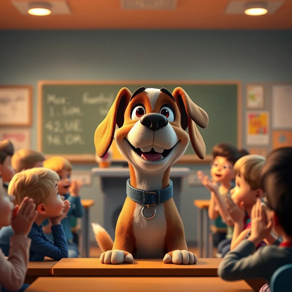 Image of Max the dog being praised by a teacher in a classroom, feeling proud and happy, surrounded by children applauding, warm lighting, vibrant colors, cheerful ambiance