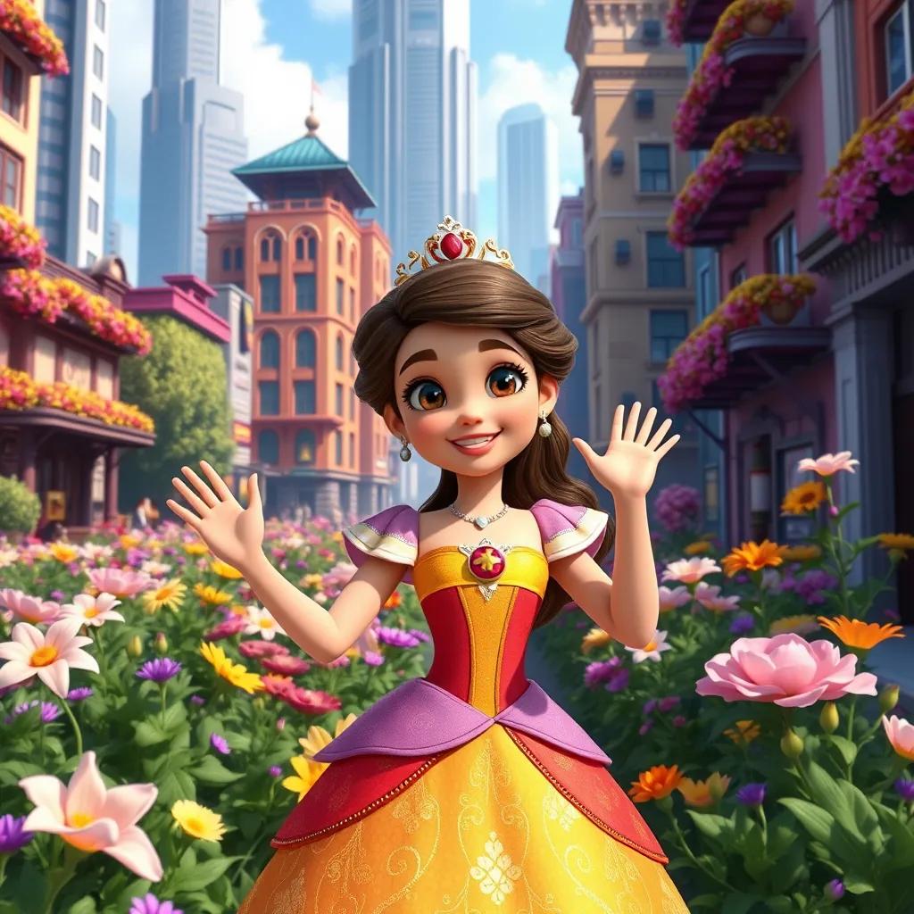 Image of A beautiful princess named Gabriela in a vibrant city with flowers and tall buildings, smiling and waving, wearing a colorful dress, digital art, fantasy, bright colors