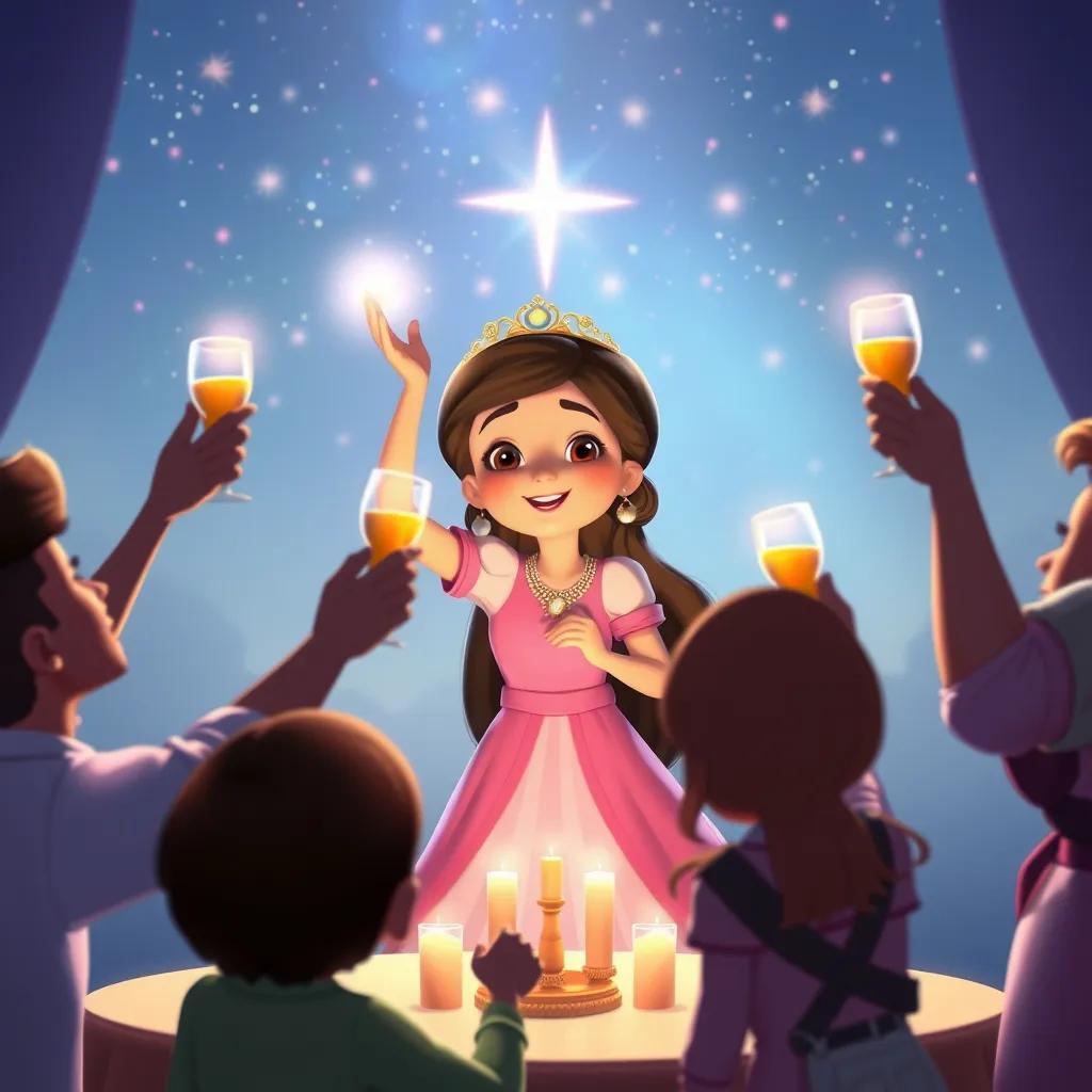 Image of Gabriela making her wish for peace and happiness, people raising their glasses in celebration, a magical moment, digital art, heartwarming