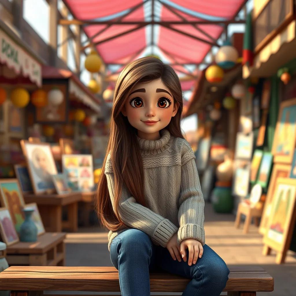 Image of A young girl, Sofía, with long brown hair wearing a cozy sweater and jeans, sitting on a wooden bench in a bustling market with colorful stalls and art pieces, warm sunlight, vibrant colors, inviting atmosphere, detailed digital art, high quality