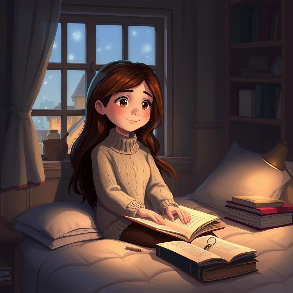 Image of A cozy room with a window, where Sofía, a young girl with long brown hair in a cozy sweater, is sitting on her bed, surrounded by books and the old notebook, gentle lighting, warm colors, dreaming vibe, detailed illustration, high quality